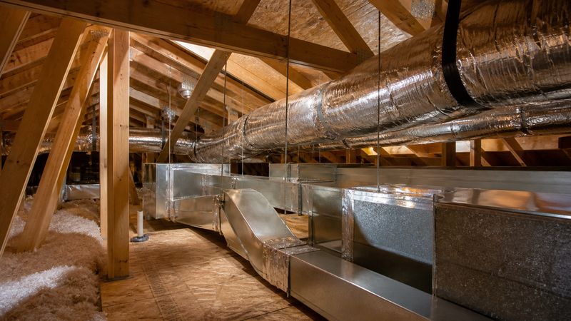 New sheet-metal trunk ducts and an insulated round run suspended in a timber attic above blown-in insulation