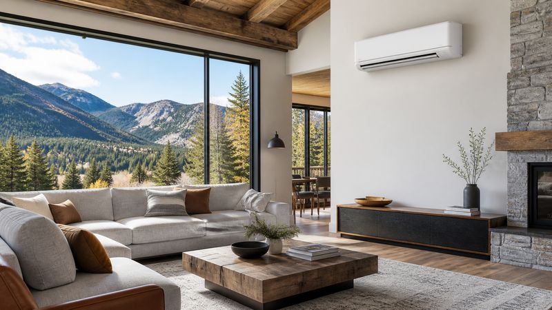 White ductless mini-split head mounted high on a living-room wall between a stone fireplace and large windows facing wooded mountains