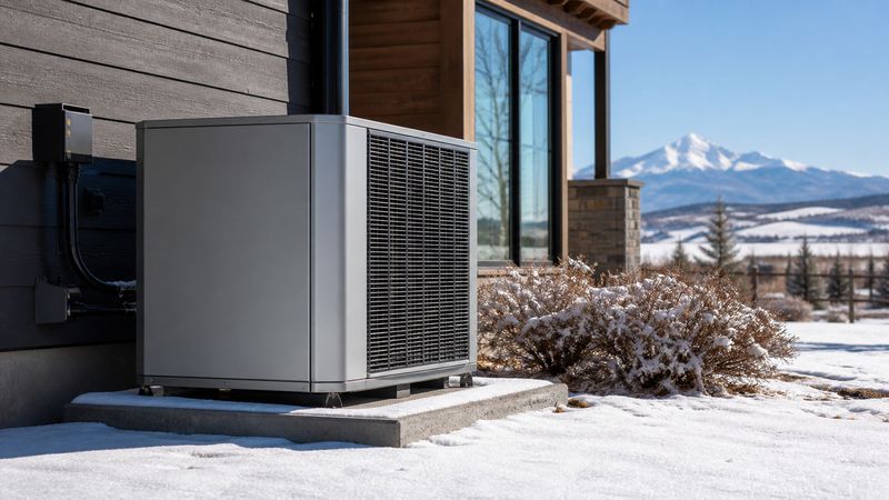 Gray cold-climate heat pump on a raised concrete pad against dark siding, snow on the ground and a snow-capped peak in the distance